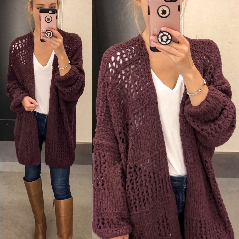 Free People Saturday Morning Knit Oversized Deep Burgundy Open Knit Cardigan